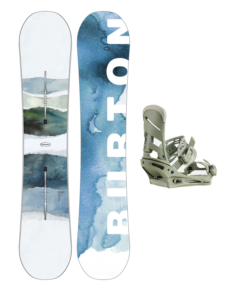 Placa Snowboard BURTON - CULTIVATOR Flat Top WATERCOLOR 155 W26 x Legaturi Snowboard BURTON - Men's - MISSION TALC GREEN M W26